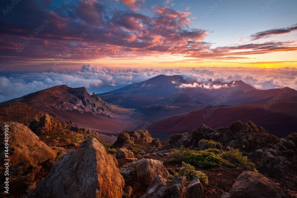 Obraz premium Stunning Sunrise Over Haleakala National Park: A Colorful Crater Landscape in Maui, Hawaii