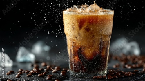 Product photo of nitro cold brew coffee, on slate surface, isolated on white background. studio lighting.	