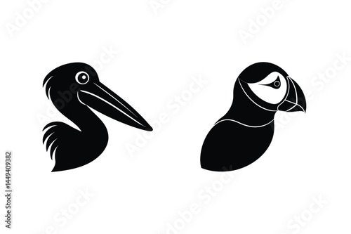 Two elegant black silhouettes depicting a pelican and a puffin on a clean white background ready for use