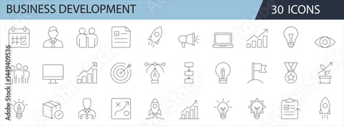 Business Development Line Icons – Minimal Strategy, Growth, Leadership & Innovation Symbols
