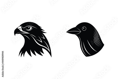 Black and white eagle and raven silhouette heads graphic design illustrations for various creative projects