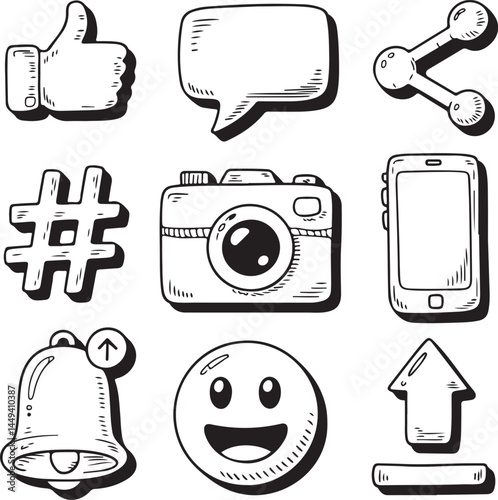 Hand Drawn Social Icons Bell Hashtag Upload Arrow Sketch