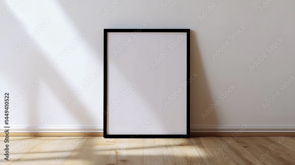 A simple black frame sits on a wood floor against a white wall. It's perfect for showcasing your design.
A simple black frame sits on a wood floor against a white wall. It's perfect for showcasing your design.