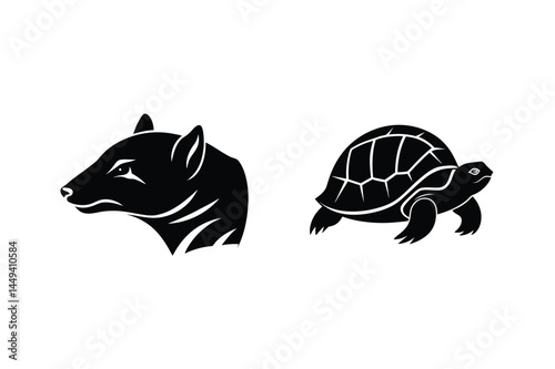 Black and white illustration featuring a tasmanian devil silhouette alongside a tortoise silhouette on white background.