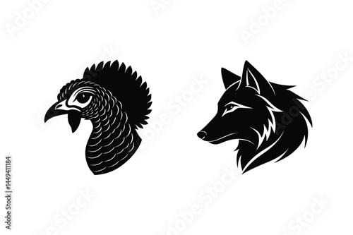 Black silhouette head portraits of a turkey and a wolf isolated on a white background design