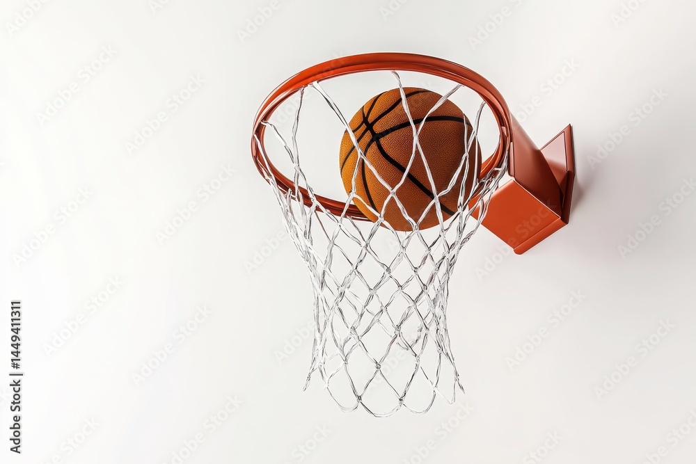 Basketball going through the hoop with net against a plain white background Basketball going through the hoop with net against a plain white background