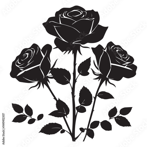 Silhouette of three black roses with thorns and leaves