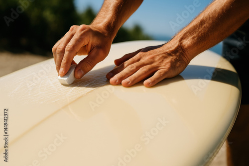 Waxing the Board: A close-up of a person's hands waxing a surfboard, readying it for the open waves and an adventurous surf session. 