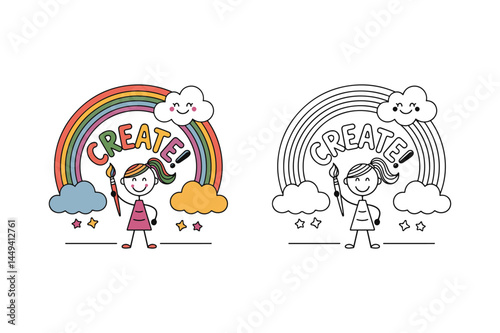 'CREATE!' text, colorful And Cheerful Stick Figure with Rainbow and Paintbrush – Creative Cartoon Illustration
