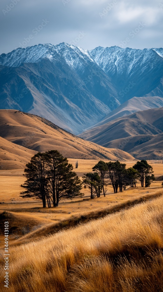 Fototapeta premium Mountain range landscape with golden grassland and trees. Scenic view of a valley with snow-capped mountains and dry grass. Possible use Nature photography, travel brochure