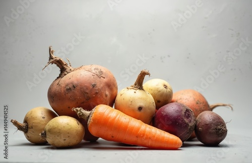 Imperfect, ugly vegetables group. Carrot, beetroot, potatoes, turnip. Food waste reduction concept. Using in cooking, fresh ingredients. Farm product, healthy vegetarian diet, organic products,