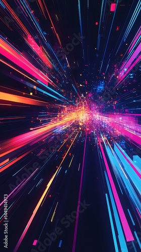Vibrant Burst Abstract Colorful Light Streaks, Beams, and Particle Explosion on Dark