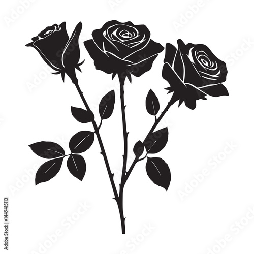 Silhouette of three black roses with thorns and leaves