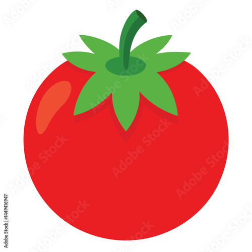 A stylized bright red tomato is presented with a green stem, isolated