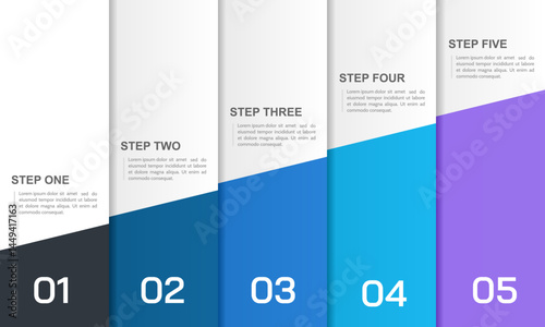 Colorful gradient presentation showing 5 steps of business growth. Business Presentation, Report, Data, Plan and Marketing. Vector illustration.