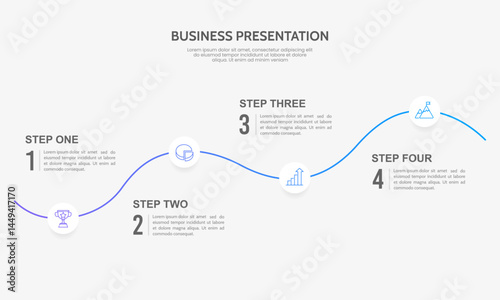 Infographic roadmap design template. Business timeline 4 steps to success. Presentation, Milestone, Annual report, data and information. Vector Illustration.