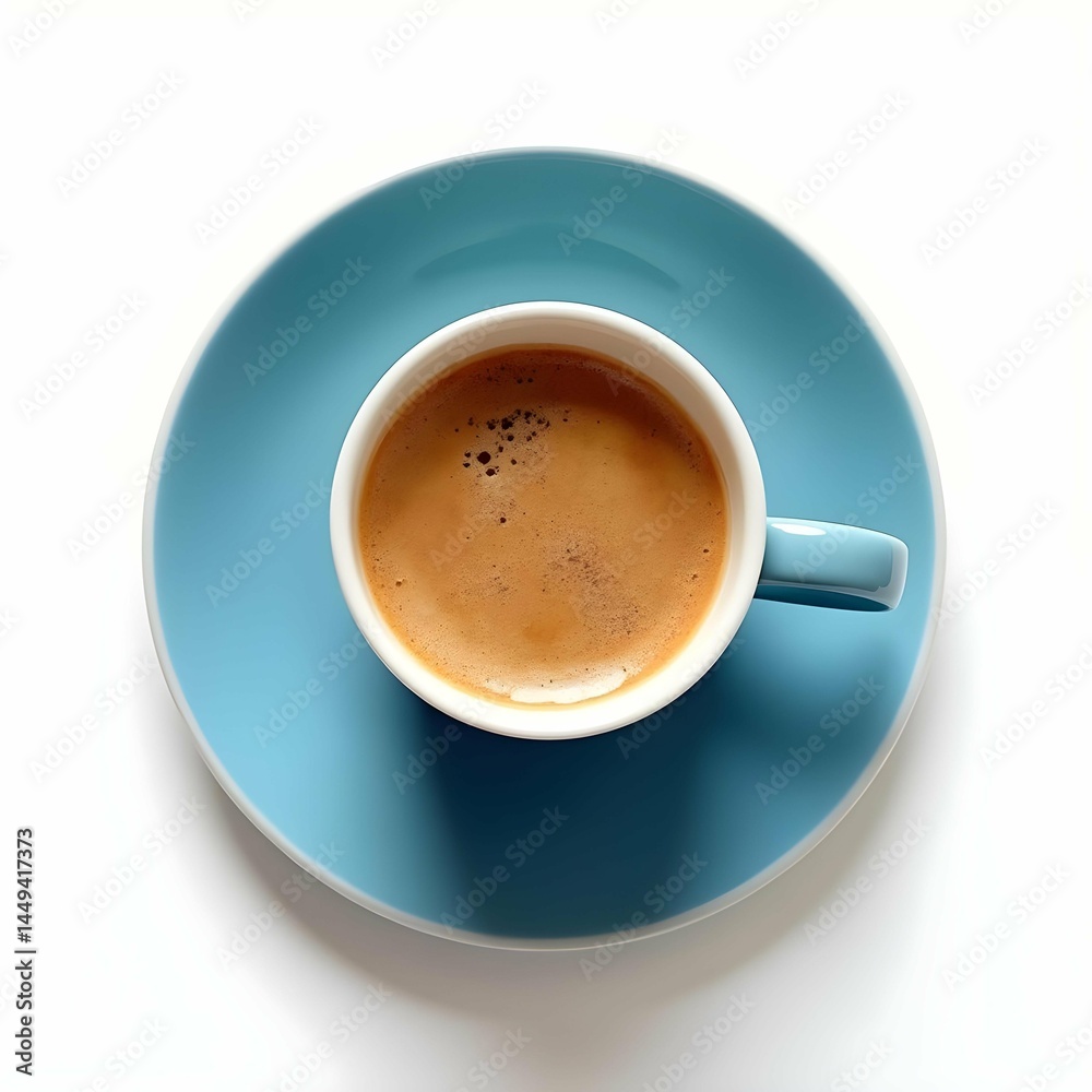 Top view of espresso coffee in blue ceramic cup with matching saucer on white background, minimalist caffeine drink concept for modern cafe branding, product mockup, or menu presentation Top view of espresso coffee in blue ceramic cup with matching saucer on white background, minimalist caffeine drink concept for modern cafe branding, product mockup, or menu presentation