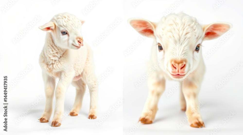 Fototapeta premium Two Adorable Baby Lambs with Fluffy Wool and Pink Noses – High Detail Studio Photo on White Background Featuring Big Ears, Tiny Hooves, and Innocent Expressions in 4K