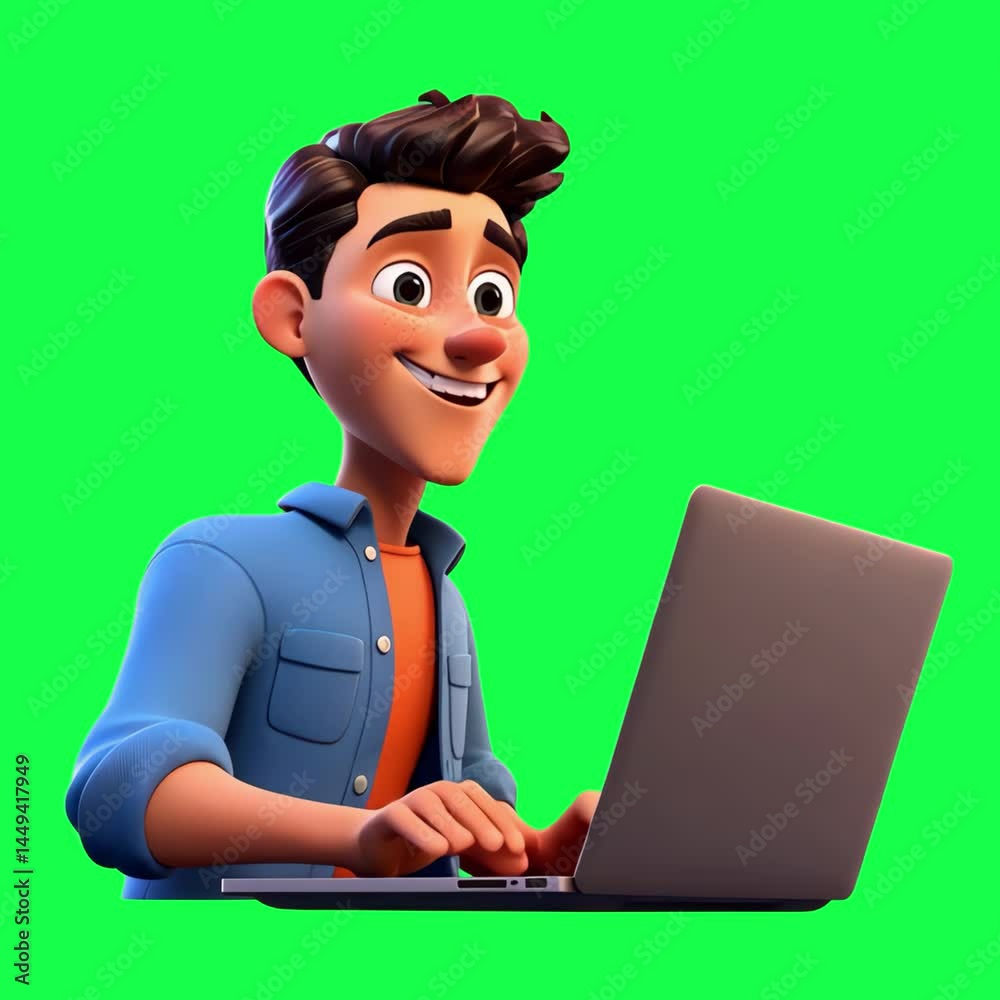 3d man with laptop animation, transparent 4K video, green screen 3d man with laptop animation, transparent 4K video, green screen