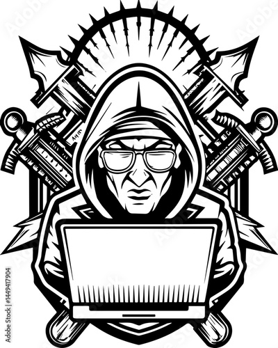 Cyber hacker SVG design featuring network technology cybersecurity. Hacker Concept with Laptop, Swords, and Hooded Figure in Monochrome