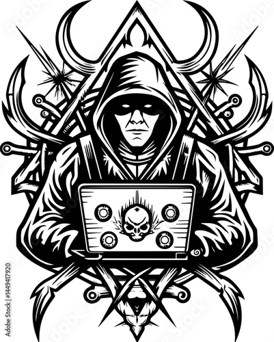 Cyber hacker SVG design featuring network technology cybersecurity. Dark Hacker Character with Laptop and Intricate Design Elements
