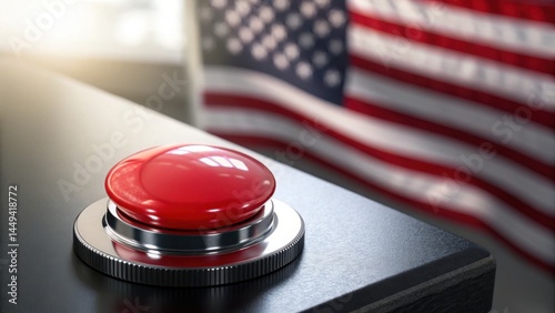 Tariffs will reset or need to be reset for global trade with Red button in front of an American flag symbolizing decision-making or emergency action.