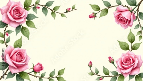 Delicate watercolor roses, climbing vines on cream background, beige, wallcovering, subtle