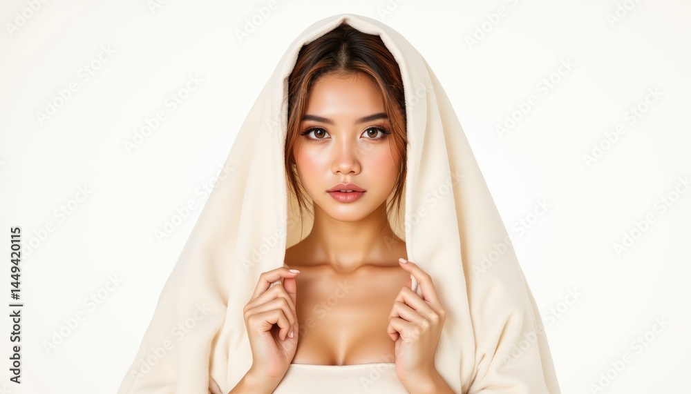 Fototapeta premium Woman in flowing white robe, minimalist portrait with serene and pure aesthetic serene
