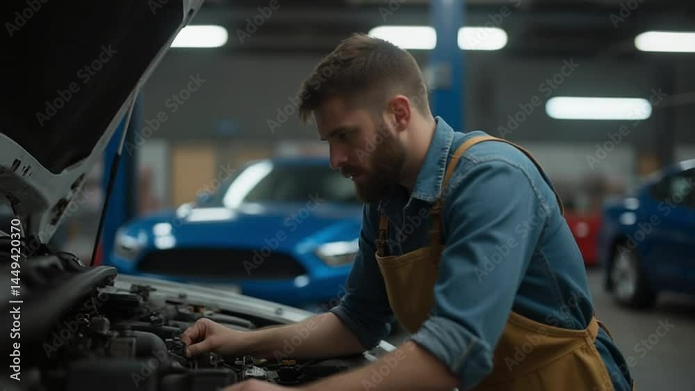 Young Mechanic Working on Car Engine in Workshop Setting Today Young Mechanic Working on Car Engine in Workshop Setting Today