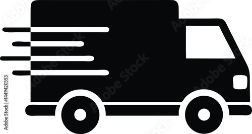 Black delivery truck rushes with speed indicated by lines against a white background
