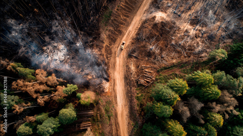 Aerial view of deforested and burnt forest with dirt road and green trees, environmental destruction and climate crisis concept, dramatic nature texture background.