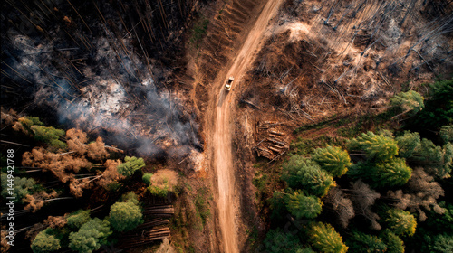 Obraz na płótnie Aerial view of deforested and burnt forest with dirt road and green trees, environmental destruction and climate crisis concept, dramatic nature texture background. w salonie