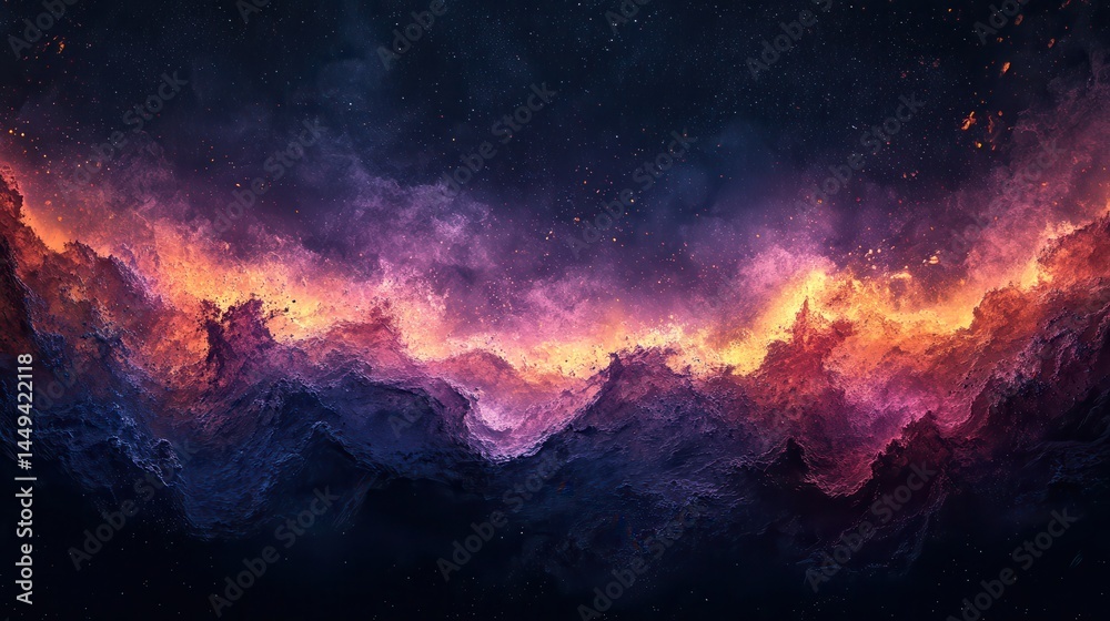 Naklejka premium Cosmic landscape, vibrant nebulae, and fiery mountains