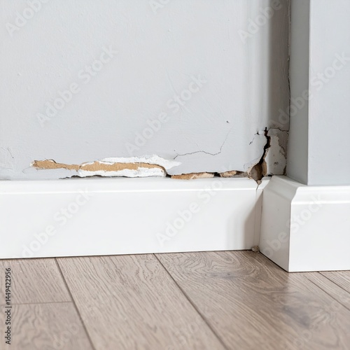 Damaged interior wall with cracks and peeling paint near baseboard and hardwood floor