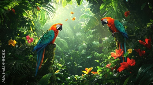 Two vibrant macaws perched on mossy logs amidst a lush tropical jungle, surrounded by colorful flowers and butterflies, creating a serene and lively atmosphere in the wild