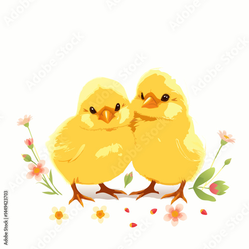 cute chicks with flowers on white