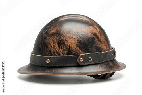 Close up of a vintage pith helmet with a leather strap on a white background