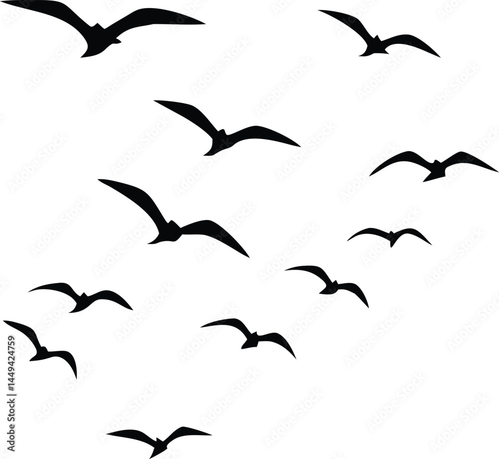 Obraz premium Black silhouetted birds fly together diagonally across an empty white background creating a flock