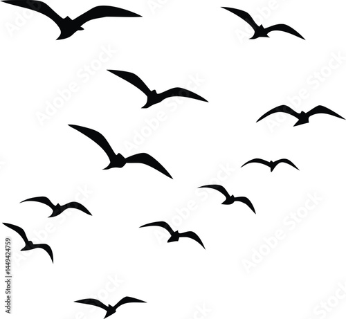 Black silhouetted birds fly together diagonally across an empty white background creating a flock