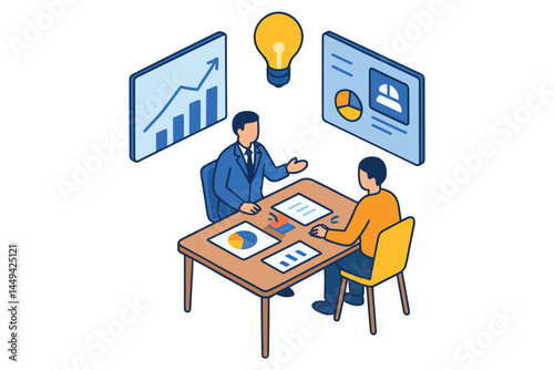 Isometric Team Analyzing Charts and Planning Solutions