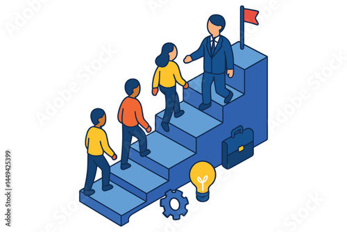 Isometric Office Workflow with Task Progression Steps