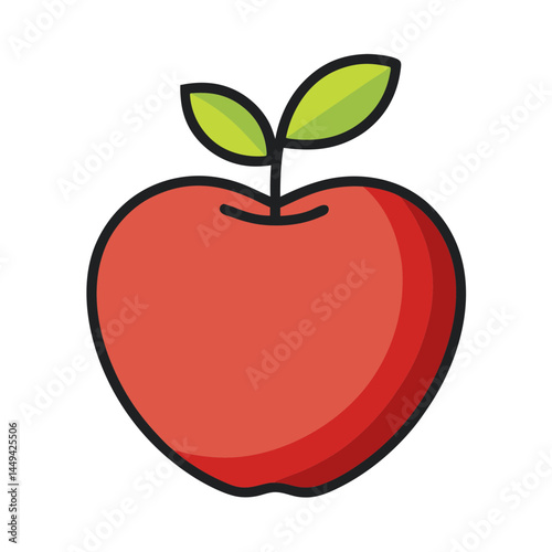 Illustration of a vibrant red apple with fresh green leaves on top