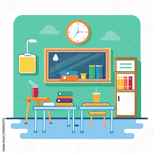 Stylized Illustration of a Classroom with Books, Desk, and School Supplies
