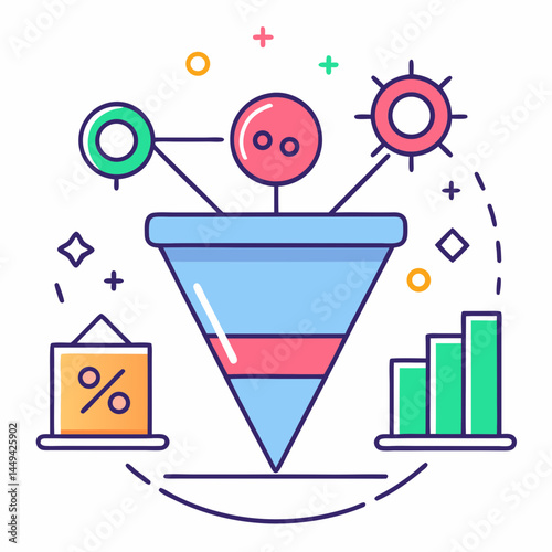Colorful Sales Funnel Illustration with Conversion Percentage and Graph Elements