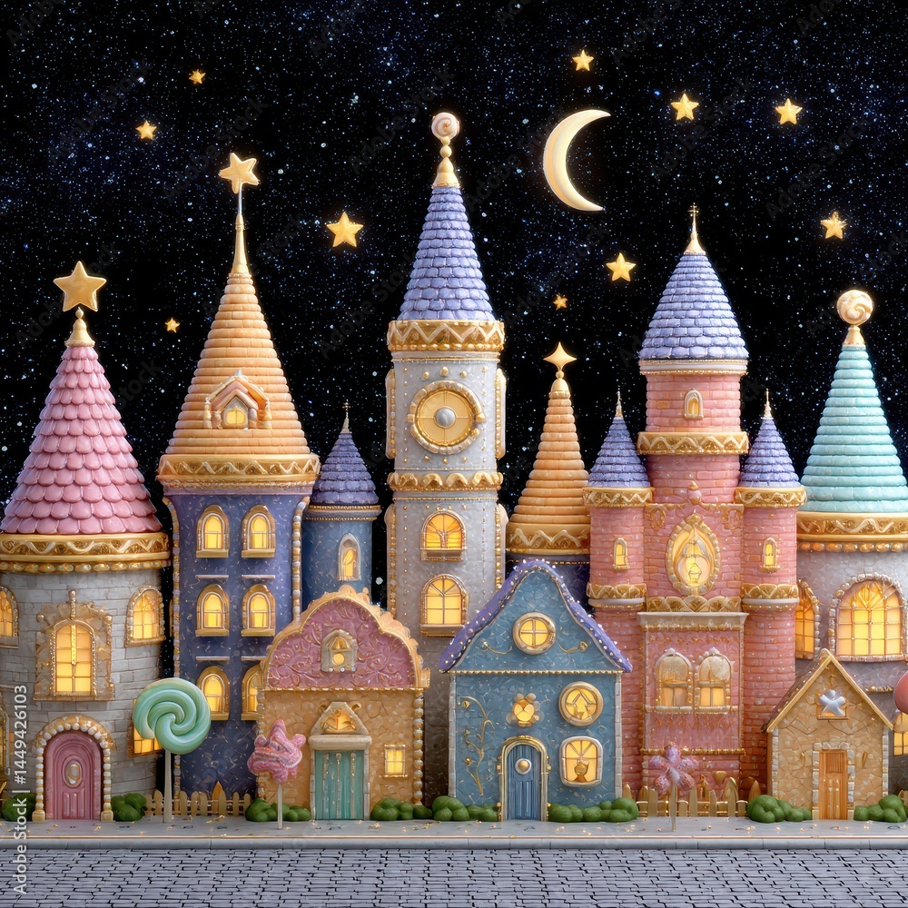 Fototapeta premium Pastel Candy Town at Night Under Crescent Moon and Stars
