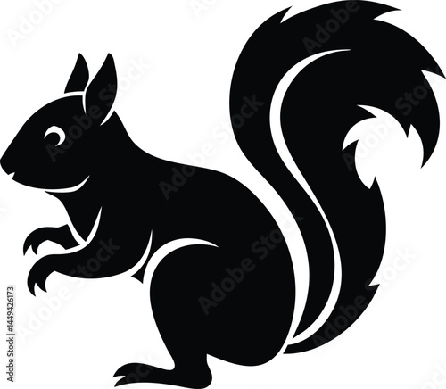 Black squirrel silhouette gracefully stands with its bushy tail curving upwards, isolated on transparent backdrop