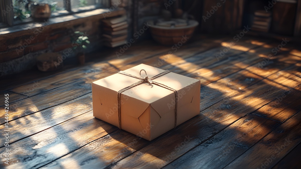 Fototapeta premium Mockup Mock up Wrapped Box on Wooden Floor with Natural Light