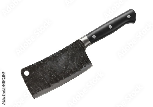 A close up of a meat cleaver with a black handle and silver rivets isolated on a white background