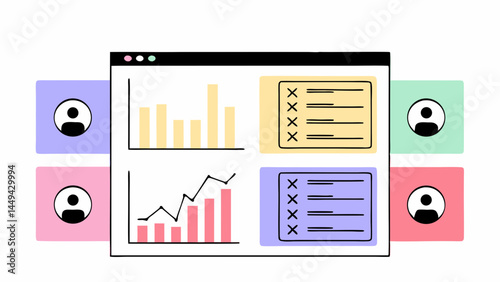 Flat-style illustration of a CRM dashboard interface with charts, user profiles, and task icons. Ideal for SaaS marketing or product demos.