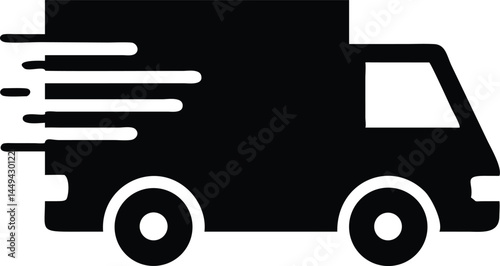 Fast delivery illustrated by a truck emitting speed lines in monochrome, transparent background
